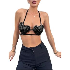 GORGLITTER Women's Adjustable Strap Sequin Heart Shape Bra Top Cutout Tie Back Strappy Halter Neck Top