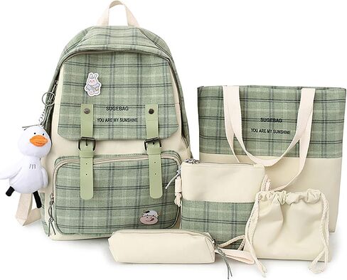 5Pcs Kawaii Backpack Set with Badge & Duck Pendant,Japanese Aesthetic Check Bookbag for Girls Cute Plaid School Bags Comes with Tote Bag,Shoulder Bag,Pencil Box,Small Bag(Green,16in) in Saudi Arabia