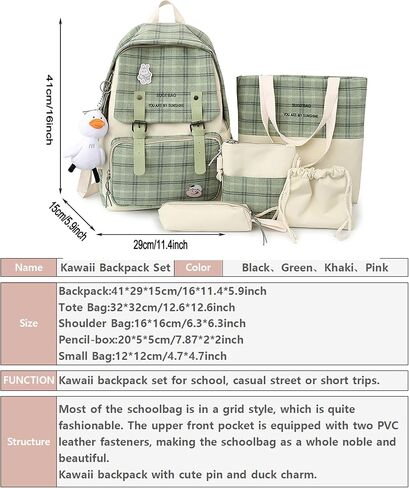 5Pcs Kawaii Backpack Set with Badge & Duck Pendant,Japanese Aesthetic Check Bookbag for Girls Cute Plaid School Bags Comes with Tote Bag,Shoulder Bag,Pencil Box,Small Bag(Green,16in) in Saudi Arabia