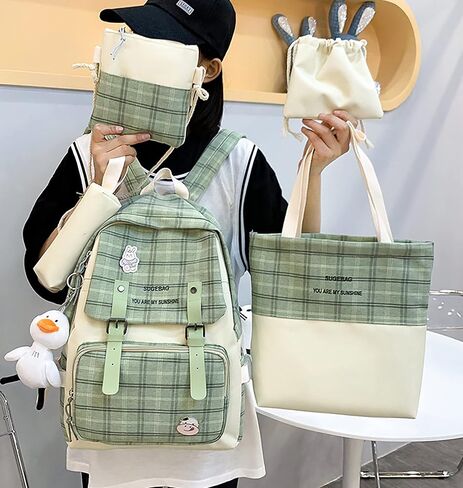 5Pcs Kawaii Backpack Set with Badge & Duck Pendant,Japanese Aesthetic Check Bookbag for Girls Cute Plaid School Bags Comes with Tote Bag,Shoulder Bag,Pencil Box,Small Bag(Green,16in) in Saudi Arabia