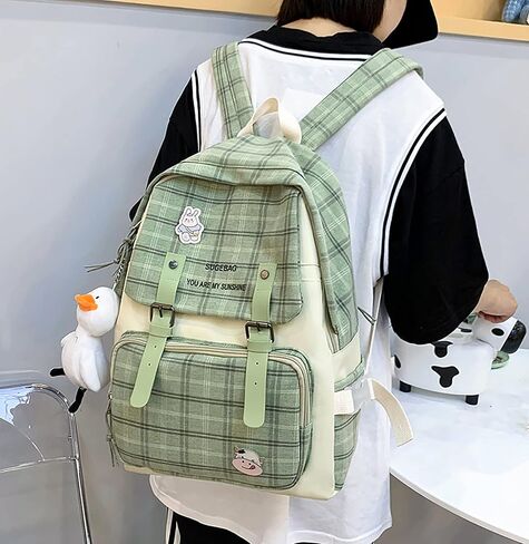 5Pcs Kawaii Backpack Set with Badge & Duck Pendant,Japanese Aesthetic Check Bookbag for Girls Cute Plaid School Bags Comes with Tote Bag,Shoulder Bag,Pencil Box,Small Bag(Green,16in) in Saudi Arabia