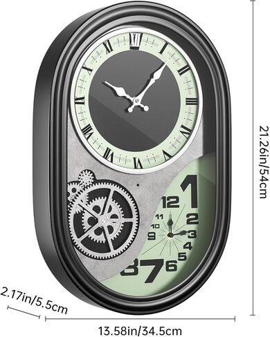 ساعة حائط تروس ميكانيكية مقاس 21 بوصة مع مناطق زمنية مزدوجة، ساعة تروس صناعية لديكور غرفة المعيشة، ساعة Steampunk معدنية صامتة غير موقوتة تعمل بالبطارية in Kuwait