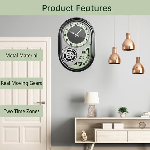 ساعة حائط تروس ميكانيكية مقاس 21 بوصة مع مناطق زمنية مزدوجة، ساعة تروس صناعية لديكور غرفة المعيشة، ساعة Steampunk معدنية صامتة غير موقوتة تعمل بالبطارية in Kuwait