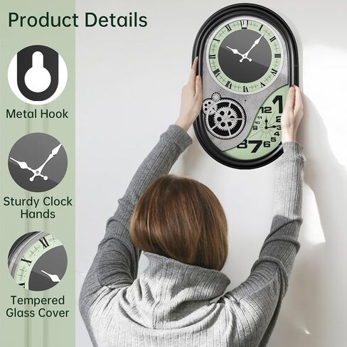 ساعة حائط تروس ميكانيكية مقاس 21 بوصة مع مناطق زمنية مزدوجة، ساعة تروس صناعية لديكور غرفة المعيشة، ساعة Steampunk معدنية صامتة غير موقوتة تعمل بالبطارية in Kuwait