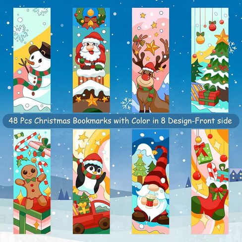 YoeeJob 48pcs Christmas Bookmarks Bulk for Kids, Color Your Own Bookmarks, Xmas Tree Snowman Santa Reindeer Claus Bookmark for Book Lovers in Saudi Arabia