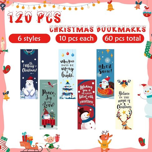 YoeeJob 48pcs Christmas Bookmarks Bulk for Kids, Color Your Own Bookmarks, Xmas Tree Snowman Santa Reindeer Claus Bookmark for Book Lovers in Saudi Arabia