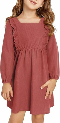 فستان DOKOTOO KIDS للفتيات مكشكش لخريف وشتاء 2023 فساتين بأكمام طويلة ورقبة مربعة من 7 إلى 15 سنة in Kuwait