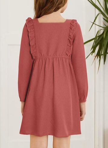 فستان DOKOTOO KIDS للفتيات مكشكش لخريف وشتاء 2023 فساتين بأكمام طويلة ورقبة مربعة من 7 إلى 15 سنة in Kuwait