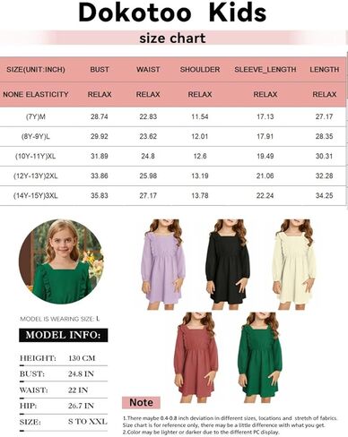 فستان DOKOTOO KIDS للفتيات مكشكش لخريف وشتاء 2023 فساتين بأكمام طويلة ورقبة مربعة من 7 إلى 15 سنة in Kuwait