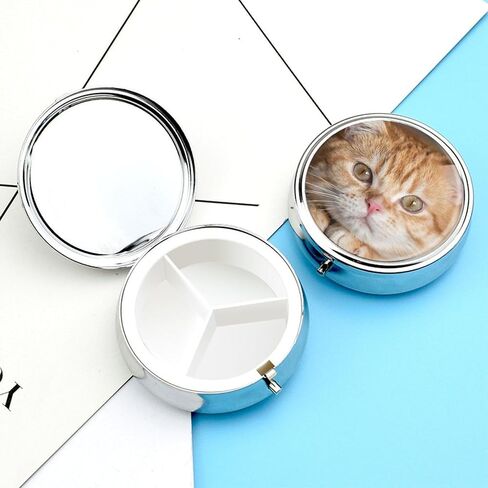 Small Travel Pill Case, Round Metal Pill Box for Pocket Purse, 3 Compartment Portable Pill Holder, Mini Pill Organizer for Travel or Daily - cat in Saudi Arabia
