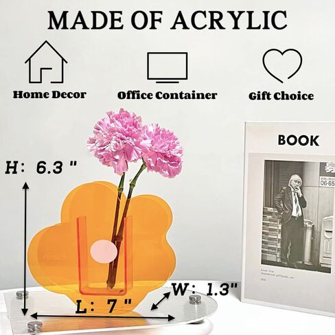 BLOFLO Flower Vase, Small Bouquet Holder, Acrylic Vases, Clear Vase, Contemporary Décor for Home Office Wedding (Orange Acrylic Flower) in Saudi Arabia