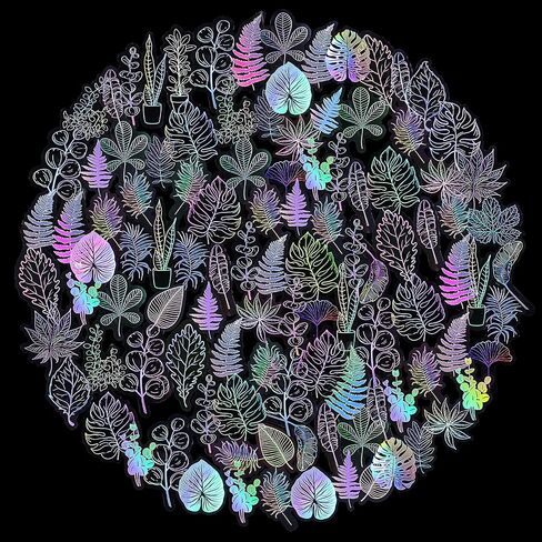 100Pcs Holographic Glitter Stickers, Laser Transparent Scrapbook Stickers Various Plants Butterflies Patterns Decals Waterproof Self-Adhesive Transparent Decorative Stickers Lab(Leaf) in Saudi Arabia