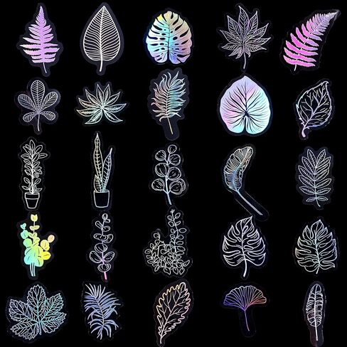 100Pcs Holographic Glitter Stickers, Laser Transparent Scrapbook Stickers Various Plants Butterflies Patterns Decals Waterproof Self-Adhesive Transparent Decorative Stickers Lab(Leaf) in Saudi Arabia