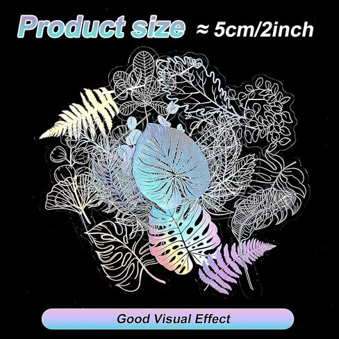 100Pcs Holographic Glitter Stickers, Laser Transparent Scrapbook Stickers Various Plants Butterflies Patterns Decals Waterproof Self-Adhesive Transparent Decorative Stickers Lab(Leaf) in Saudi Arabia
