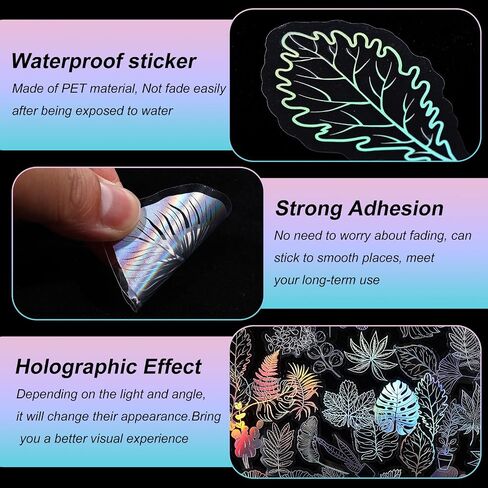 100Pcs Holographic Glitter Stickers, Laser Transparent Scrapbook Stickers Various Plants Butterflies Patterns Decals Waterproof Self-Adhesive Transparent Decorative Stickers Lab(Leaf) in Saudi Arabia