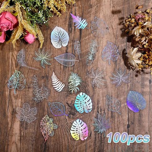 100Pcs Holographic Glitter Stickers, Laser Transparent Scrapbook Stickers Various Plants Butterflies Patterns Decals Waterproof Self-Adhesive Transparent Decorative Stickers Lab(Leaf) in Saudi Arabia
