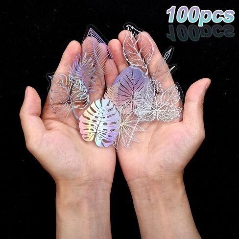 100Pcs Holographic Glitter Stickers, Laser Transparent Scrapbook Stickers Various Plants Butterflies Patterns Decals Waterproof Self-Adhesive Transparent Decorative Stickers Lab(Leaf) in Saudi Arabia