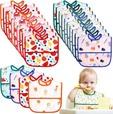 24 Pack Toddler Bibs Baby Bibs Waterproof Bibs with Food Catcher Full Coverage Teething Drool Bibs for Girls Boys Absorbent Pullover Bib with Snaps for Eating Newborn 6 Months in Saudi Arabia