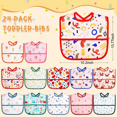 24 Pack Toddler Bibs Baby Bibs Waterproof Bibs with Food Catcher Full Coverage Teething Drool Bibs for Girls Boys Absorbent Pullover Bib with Snaps for Eating Newborn 6 Months in Saudi Arabia