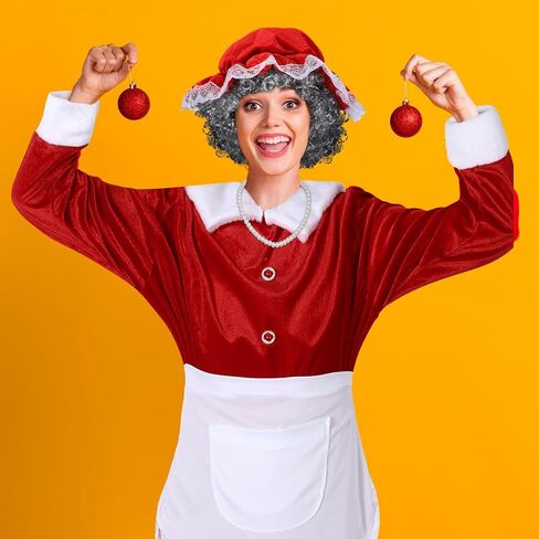 Yaomiao 9 Pcs Mrs. Santa Costume for Women Santa Claus Costume for Women Santa Dress Bonnet Apron Wig for Christmas in Saudi Arabia
