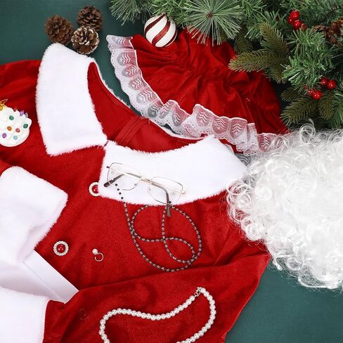 Yaomiao 9 Pcs Mrs. Santa Costume for Women Santa Claus Costume for Women Santa Dress Bonnet Apron Wig for Christmas in Saudi Arabia