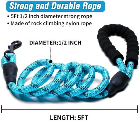 1 مقود للكلاب بطول 2أقدام/5أقدام/6أقدام حبل سميك من النايلون المتين للكلاب - مقبض مريح مبطن وحبل عاكس للضوء مقود للكلاب متوسطة وكبيرة الحجم مع وعاء للحيوانات الأليفة قابل للطي وأكياس قمامة (أزرق، 1/2 بوصة × 5 قدم) in Kuwait