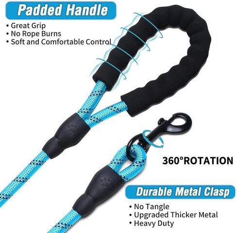 1 مقود للكلاب بطول 2أقدام/5أقدام/6أقدام حبل سميك من النايلون المتين للكلاب - مقبض مريح مبطن وحبل عاكس للضوء مقود للكلاب متوسطة وكبيرة الحجم مع وعاء للحيوانات الأليفة قابل للطي وأكياس قمامة (أزرق، 1/2 بوصة × 5 قدم) in Kuwait