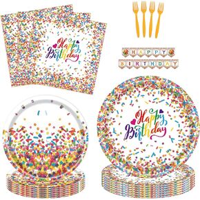 Confetti Sprinkles Theme Party Supplies Kit for 24 Guests - 97 Pcs Including Plates, Forks, Napkins, Bunting - Happy Birthday Decorations & Favors