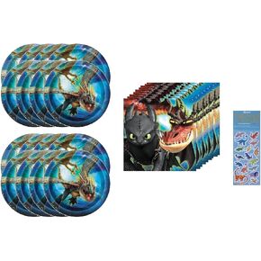How to Train Your Dragon Birthday Party Supplies Bundle Set includes 16 Dessert Cake Plates, 16 Beverage Cake Napkins, 1 Dinosaur Sticker Sheet