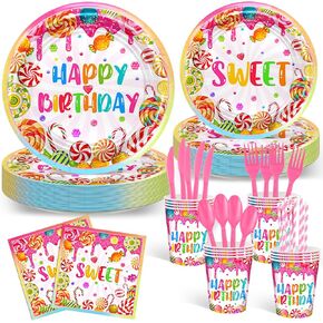 Avezano 192 Pcs Candyland Party Decorations Lollipop Dessert Theme Birthday Party Decorations Disposable Candy Land Tableware Party Supplies Paper Plates Napkins Forks Set for 24 Guests