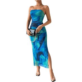 Milumia Women's Tie Dye Split Thigh Tube Dress Ruched Bodycon Maxi Dress