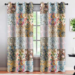 Boho Floral Vintage Patchwork Curtains Rustic Farmhouse Paisley Flower Bohemian Flower Plaid Print Blackout Window Drapes for Bedroom Living Room 42 x 84 Inch Length 2 Panels CLOKTY0031