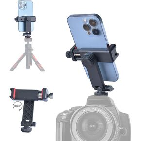 Phone Tripod Mount with Remote Controller, New Universal Smartphone Mount Adapter with Cold Shoe, 360° Rotates Cell Phone Clip Clamp Holder, Compatible with iPhone, Samsung and All Phones