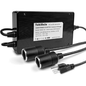 YukiHalu 360W 2-Outlets AC to DC Converter, 12V 15A 180W Each Outlet, Car Cigarette Lighter Socket, 100-240V to 12V Power Supply Adapter for Compressor, Inflator, Car Refrigerator, Vacuum Cleaner