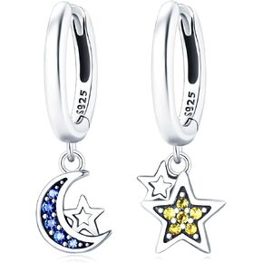 Earrings for Women Trendy, 925 Sterling Silver Earring Jewelry, Fashion Small Hoop Blue Star Moon Sun Drop Dangle Retro Graduation Birthday Gifts for Girls Teen