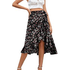 LYANER Women's Boho Floral Print Wrap Front Self Tie Knot Ruffle Hem Split Midi Skirt