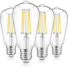 WIHTU LED Edison Light Bulbs, Vintage 6W LED Bulb 60W Equivalent, St58 4000K Daylight Soft White, Bright LED Filament Bulb with CRI 85+, E26 Standard Base, 900LUM, Non-Dimmable, Clear Glass, Pack of 4