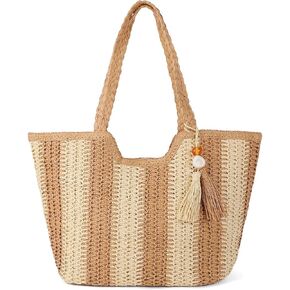 Epsion Women Tassel Straw Beach Bag Large Summer Straw Tote Bag Vocation Woven Bag Travel Straw Shoulder Zipper Bags with Pom