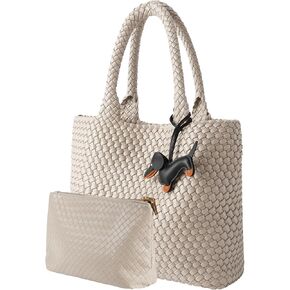 Woven Tote Bag for Women, Vegan Leather Handwoven Bags with Small Purse, Large Travel Top Handle Handbags