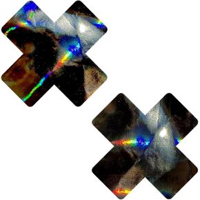 Neva Nude Badass Dom Squad Holographic Black Wet Vinyl PVC X Factor Nipple Cover Pasties for Festival, Raves, Lingerie and More, Medical Grade Adhesive, Waterproof and Sweatproof, Made in USA