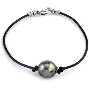 The Pearl Source Sterling Silver 10-11mm Baroque Black Tahitian South Sea Cultured Pearl Leather Bracelet for Women