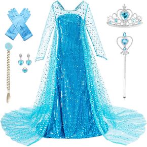Elsa Dress Princess Dress Up for Girls Halloween Cosplay Elsa Costume Fancy Dress Birthday Outfit with Crown Glove