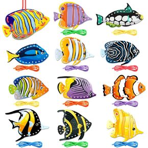 Tropical Fish Lacing Cards 12 Pack Ocean Fish Sea Animals Double Sided Cards Sewing Games Ocean Theme Party Decorations for Preschool Home Developing Imagination Education Supplies