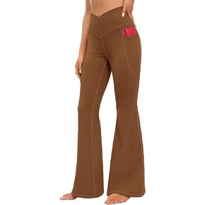 Ewedoos Crossover Flare Leggings with Pockets High Waist Wide Leg Pants Flare Yoga Pants Bell Bottom Leggings for Women