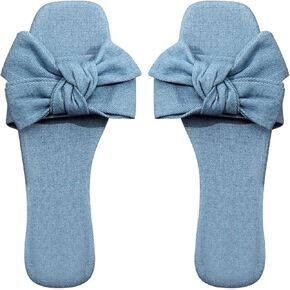 GORGLITTER Women's Bow Decor Single Band Denim Flat Sandals Square Open Toe Solid Slide Shoes