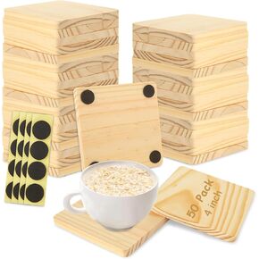 50 Pcs Unfinished Square Wood Coasters, 4 inch Blank Wooden Craft Coasters with Non-Slip Foam Pad Stickers, Wood Slices for Nature Crafts & Wedding Decoration Painting Wood Engraving in Kuwait