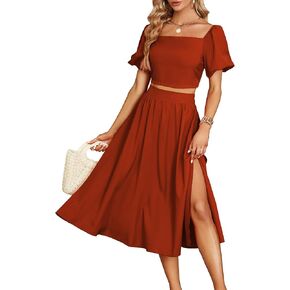 Umenlele Women's 2 Pieces Outfits Puff Short Sleeve Smocked Crop Top Side Split Swing Hem Midi Skirt Set in Saudi Arabia