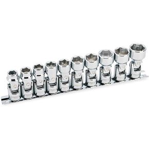 Powerbuilt Universal Socket Set, Metric 10 Piece 3/8 Inch Drive 6 Point, Swivel Head, 360 Degree Rotation, 10mm to 19mm, Storage Rail, 741715