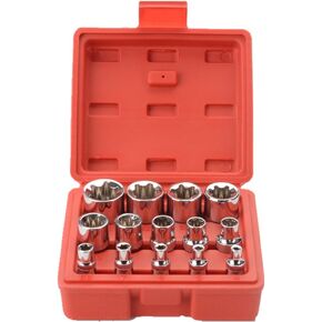 FLZOSPER 14 Pieces Female E-TORX Star Socket Set, E4 - E24 Torque Socket Set, 1/4" 3/8" 1/2" Drive，Premium CR-V, Female External Star Socket Set with Storage Case
