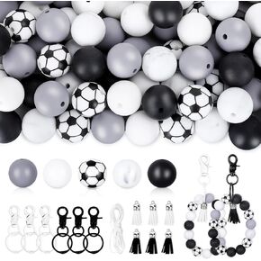 JarThenaAMCS Soccer Silicone Beads for Keychain Making Kit with 114Pcs 15mm Black White Gray DIY Silicone Beads Tassels Key Rings for Home Office School Sports Party Favors Jewelry Necklace Bracelet